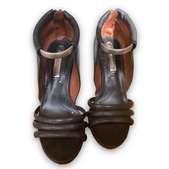 BCBGMAXAZRIA: Leather Ankle Strap Open Toed Stilettos - Picture 4 of 14